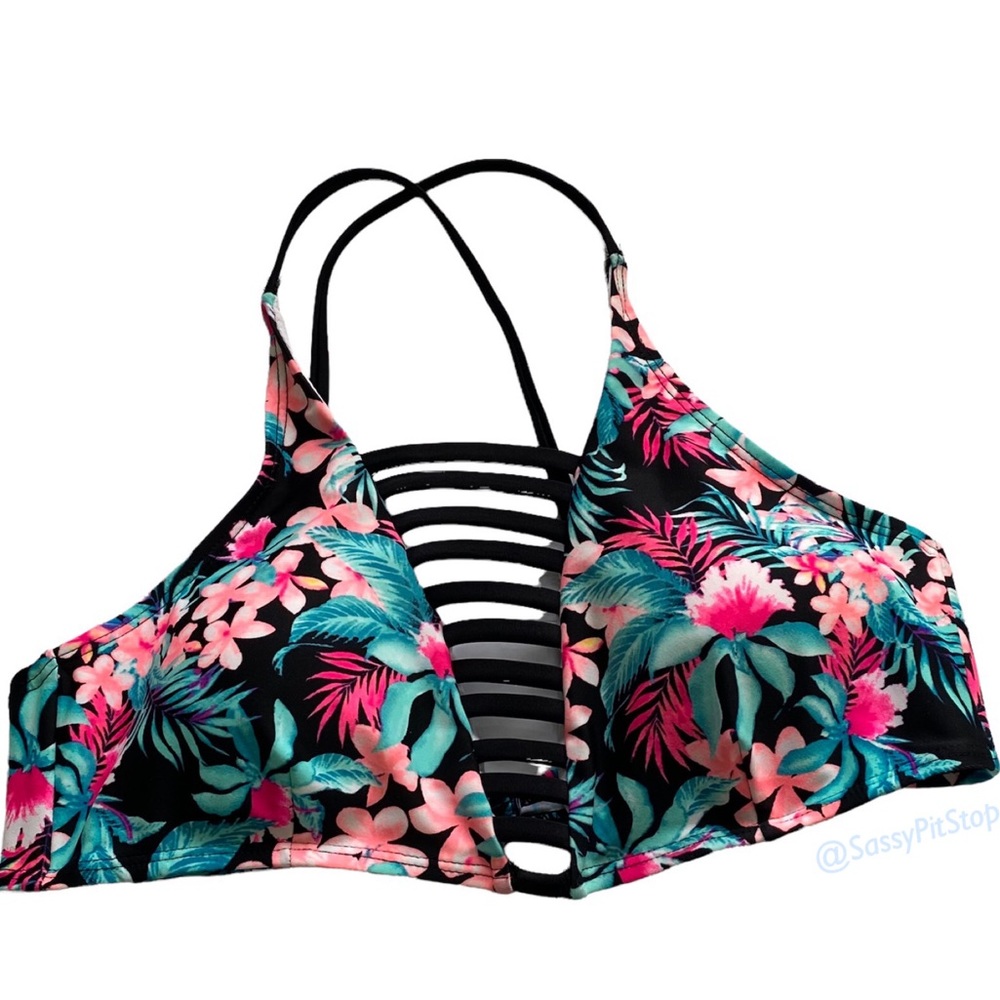 BONGO Black Tropical Multicolored Floral Caged Front Swim Bikini Halter Top